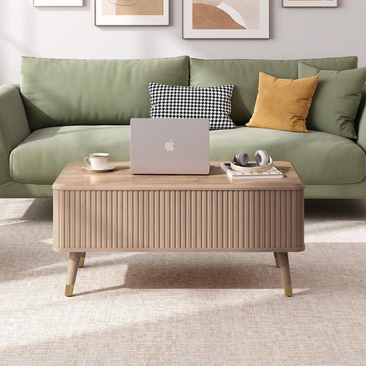 Vanvuson Lift Top Coffee Table with Storage, Mid Century Modern Coffee Table with Solid Wood Legs, 38" Minimalist Fluted Center Table for Living Room, Home Office, Natural Oak Vanvuson