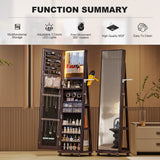 HNEBC 360° Swivel Jewelry Armoire with Mirror, LED Mirror Jewelry Cabinet Standing, Full Length Mirror with Jewelry Storage, Standing Jewelry Organizer/Lockable Wheels/Foldable Makeup Shelf (Brown) HNEBC