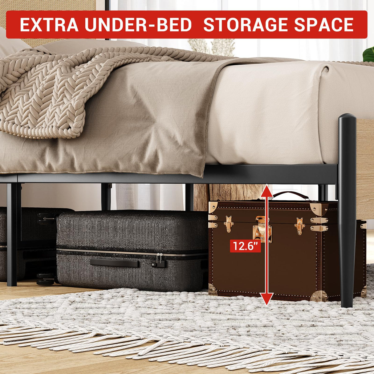 GAOMON Queen Size Bed Frame with Natural Rattan Headboard & Solid Wood Footboard - Under Bed Storage Space, Quiet Noise-Free Design, No Box Spring Needed,Oak GAOMON