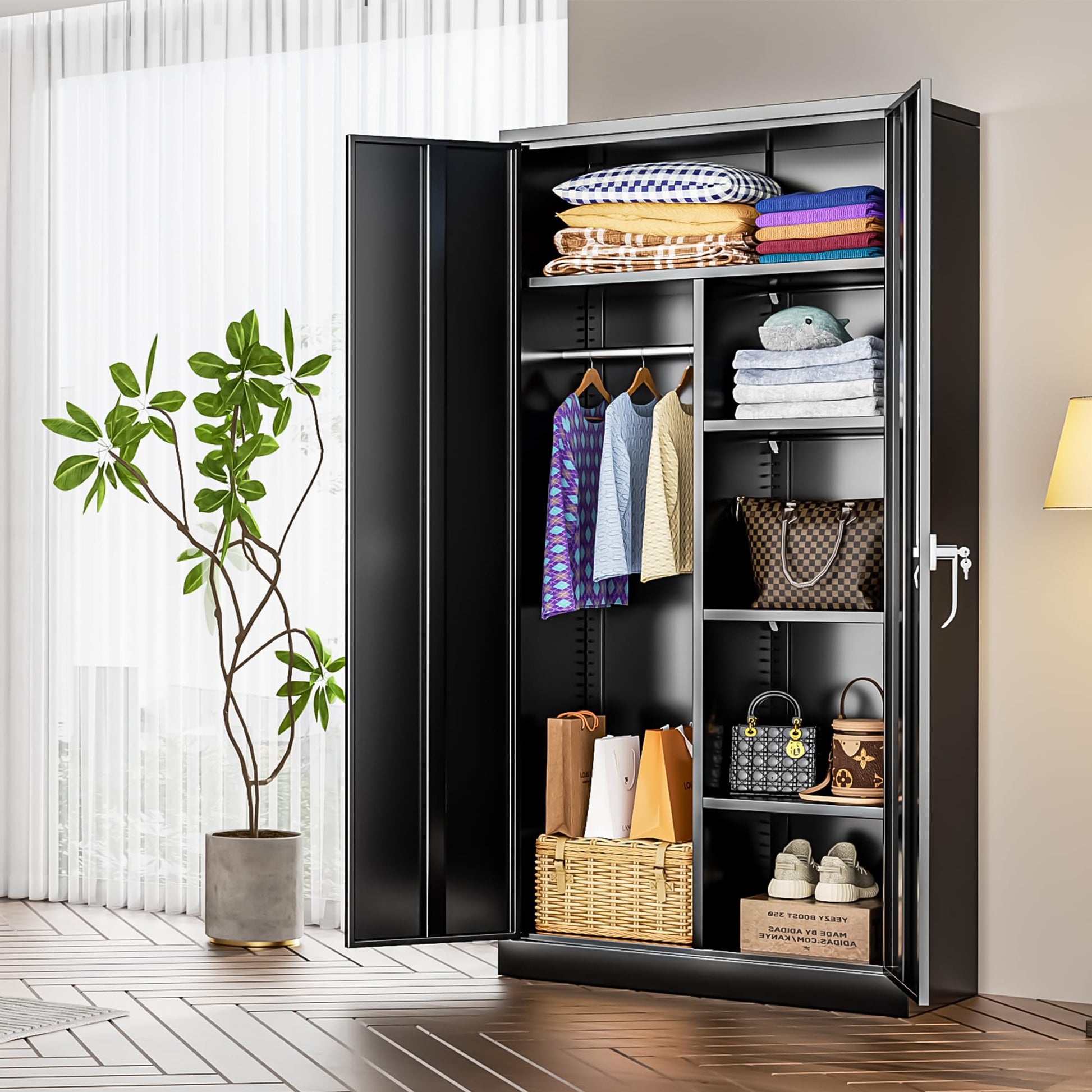 INTERGREAT Metal Wardrobe Closet, 72" Black Locking Storage Wardrobe Cabinet with Doors and Shelves, Tall Steel Clothes Storage for Office, Home, School, Gym - WoodArtSupply