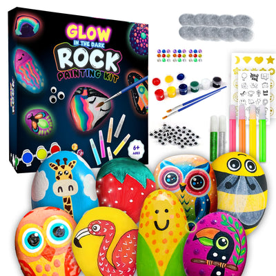 Rock Painting Kit - Glow in The Dark, 60+ Pcs Arts and Crafts Rock Painting kit for Kids 6-12, Art Supplies with Glow & Standard Paints, Outdoor Toys for Boys & Girls Birthday & Easter Gifts