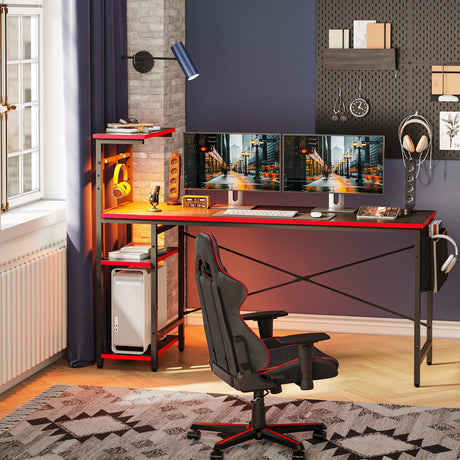 Bestier 61 Inch Gaming Desk with LED Lights, Reversible Shelves, Height Adjustable Shelf, Steel Frame, CARB P2 Class Board, Black Grained Bestier