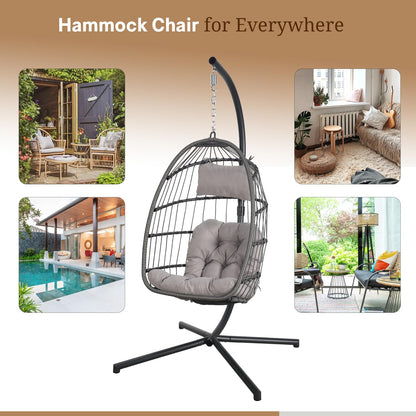 Yangming Hanging Egg Chair with Stand and Weather Cover, Indoor/Outdoor Foldable Wicker Rattan Swing Hammock Seat with Cushion Headrest, 350lbs Capacity for Bedroom, Patio, Porch - Ideal Xmas Gift