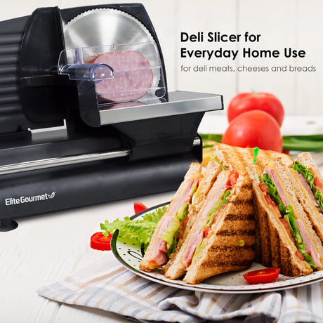 Elite Gourmet EMT-625B Ultimate Precision Electric Deli Food Meat Slicer Removable Stainless Steel Blade, Adjustable Thickness, Ideal for Cold Cuts, Hard Cheese, Vegetables & Bread, 7.5”, Black Elite Gourmet