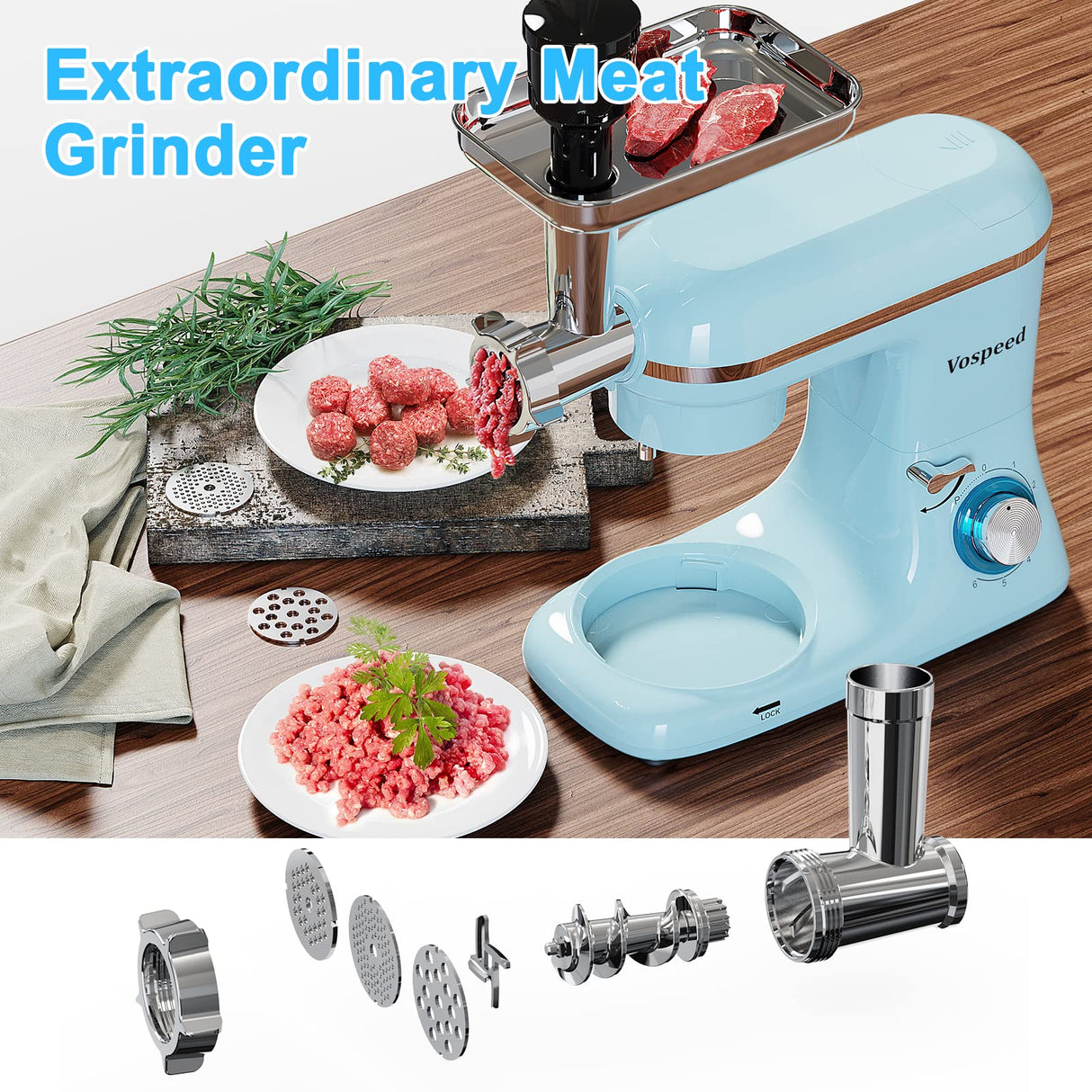 Vospeed 9 IN 1 Stand Mixer, 850W Tilt-Head Multifunctional Electric Mixer with 7.5 QT Stainless Steel Bowl, 1.5L Glass Jar, Meat Grinder, Hook, Whisk, Beater Dishwasher Safe (Blue) Vospeed