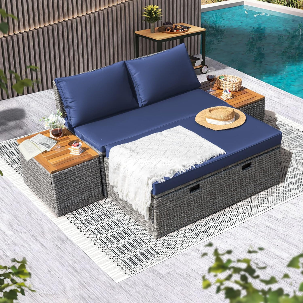 Devoko Patio Day Bed Outdoor Daybed Set Multifunctional Rattan Lounge Bed with 2 Side Tables for Backyard Porch Poolside Lawn Beach (Navy Blue) Devoko