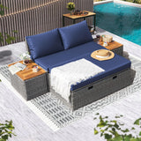 Devoko Patio Day Bed Outdoor Daybed Set Multifunctional Rattan Lounge Bed with 2 Side Tables for Backyard Porch Poolside Lawn Beach (Navy Blue) Devoko