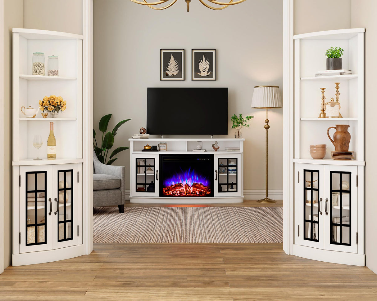 AMERLIFE Curved Corner Storage Cabinet, 65" Tall Freestanding Bookcase with Glass Doors & Adjustable Shelves, 5-Tier Corner Display Cabinet for Living Room, Bathroom, Distressed White AMERLIFE