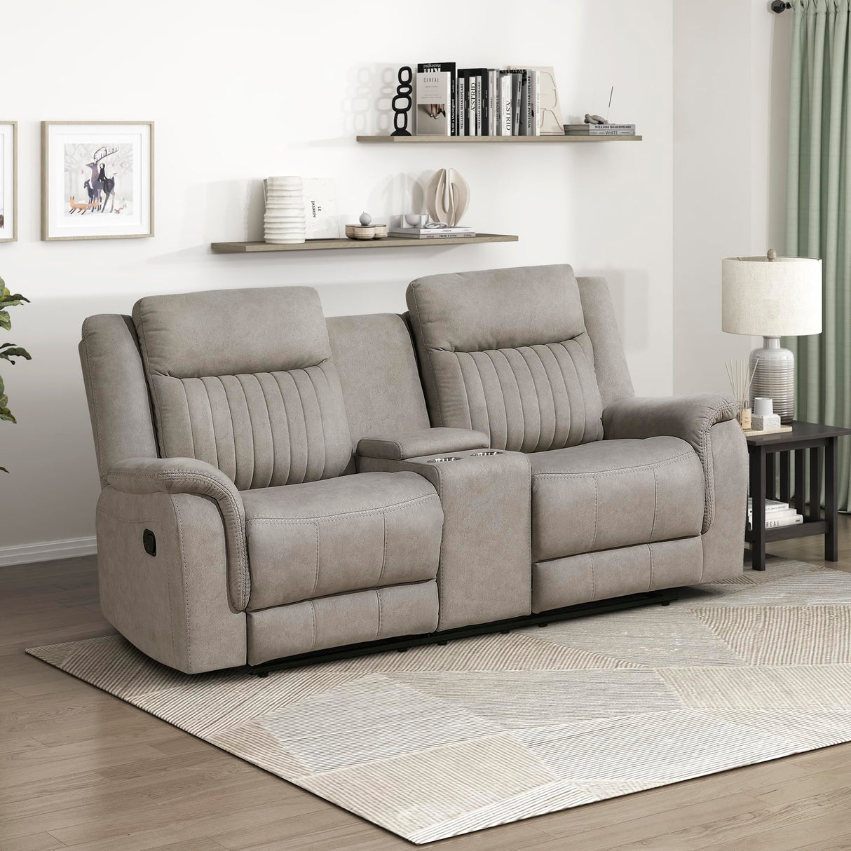 Lexicon Manual Double Reclining Loveseat, Polished Microfiber Manual Wall Hugger Loveseat Recliner for Living Room, Center Storage Console/Cup Holders, Easy Assembly, Dove Lexicon