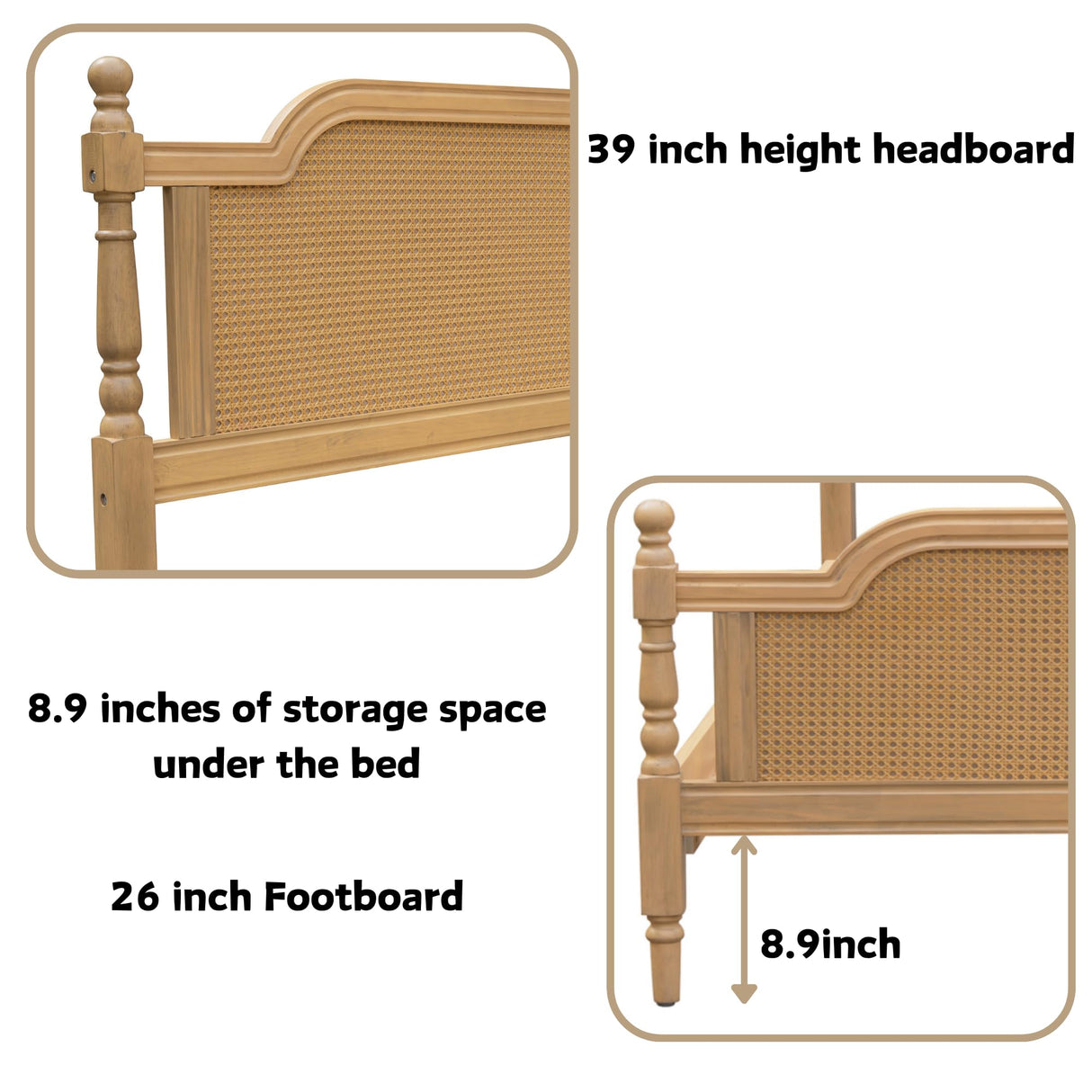 SOFTSEA Framhouse King Size Platform Bed with Rattan Headboard and Footboard, Traditional Bed Frame with Storage for Teens Adults, Antique Walnut SOFTSEA