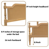 SOFTSEA Framhouse King Size Platform Bed with Rattan Headboard and Footboard, Traditional Bed Frame with Storage for Teens Adults, Antique Walnut SOFTSEA