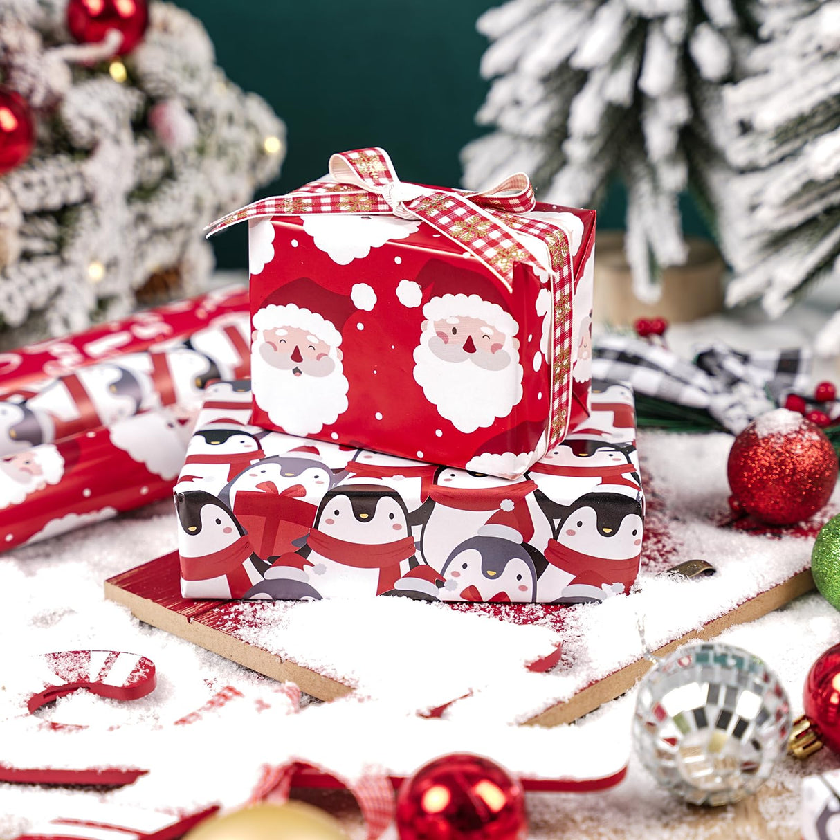 LeZakaa Christmas Wrapping Paper Roll - Mini Roll - 3 Rolls - 17 Inch X 120 Inch Per Roll - Red & White Penguins, Ho, Santa Claus, Christmas Elements Holiday Collection LeZakaa