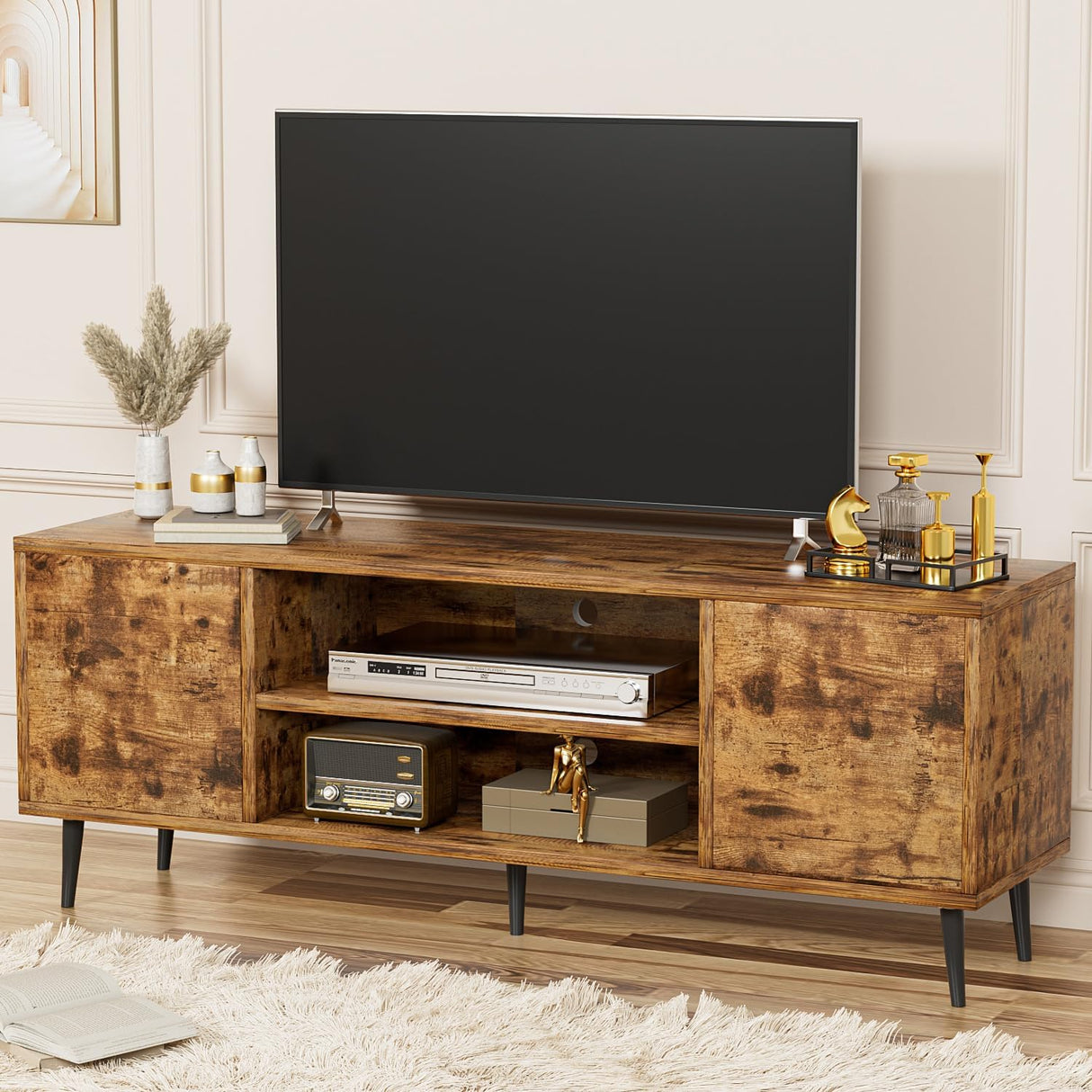 YESHOMY Modern TV Stand for 65" Television, Entertainment Center with Storage Cabinets and Open Shelves, Retro Style Media Console for Living Room, Bedroom, Office, 58 Inch, Rustic Brown YESHOMY
