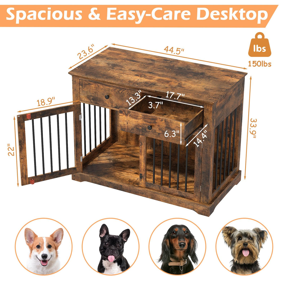 Dog Crate Furniture, 44 Inch Wooden Dog Kennel Furniture Indoor with 2 Storage Drawers, Heavy Duty Large Dogs Crate Furniture, Cage & House Furniture for Small Medium Large Dogs, Brown VENDORZ