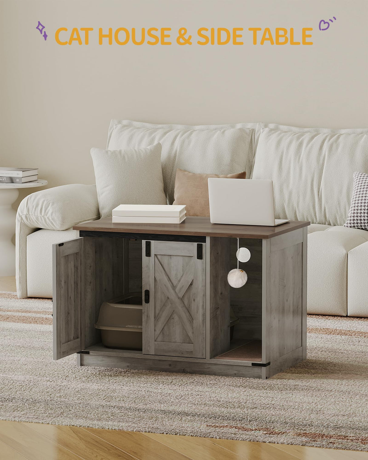 Hzuaneri Cat Litter Box Enclosure, Hidden Litter Box Cabinet Furniture with Cat Bell, Indoor Cat House, Farmhouse Style, 31.5 x 19.7 x 20.9Inches, for Hallway, Bedroom, Light Ivory CB82405X Hzuaneri