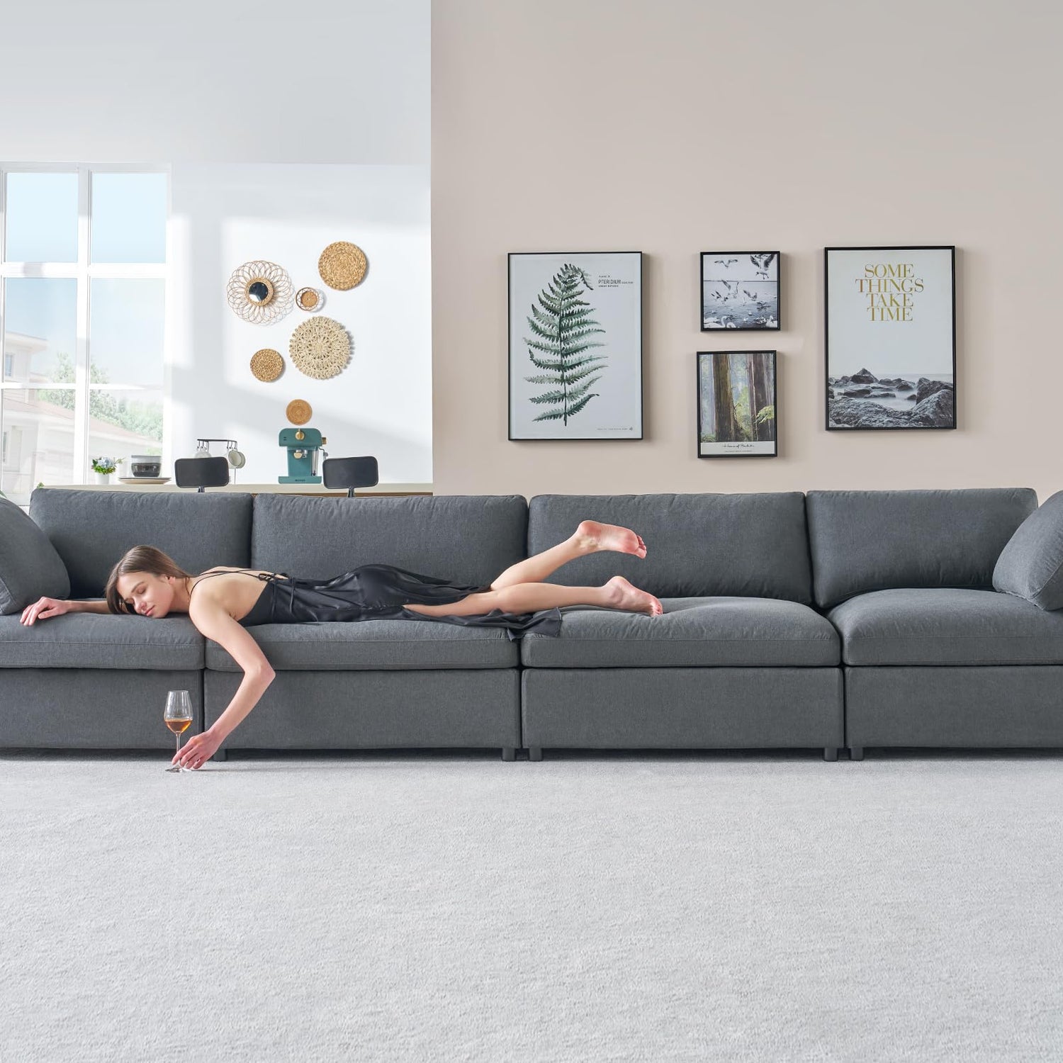PaPaJet Modular Sectional Sofa, 114 Inches Oversized Down Filled Sectional Sofa, 5 Seats U Shaped Comfy Sofa with Chaise, Ottoman, Cloud Couch for Living Room, Grey Linen Couch Set PaPaJet