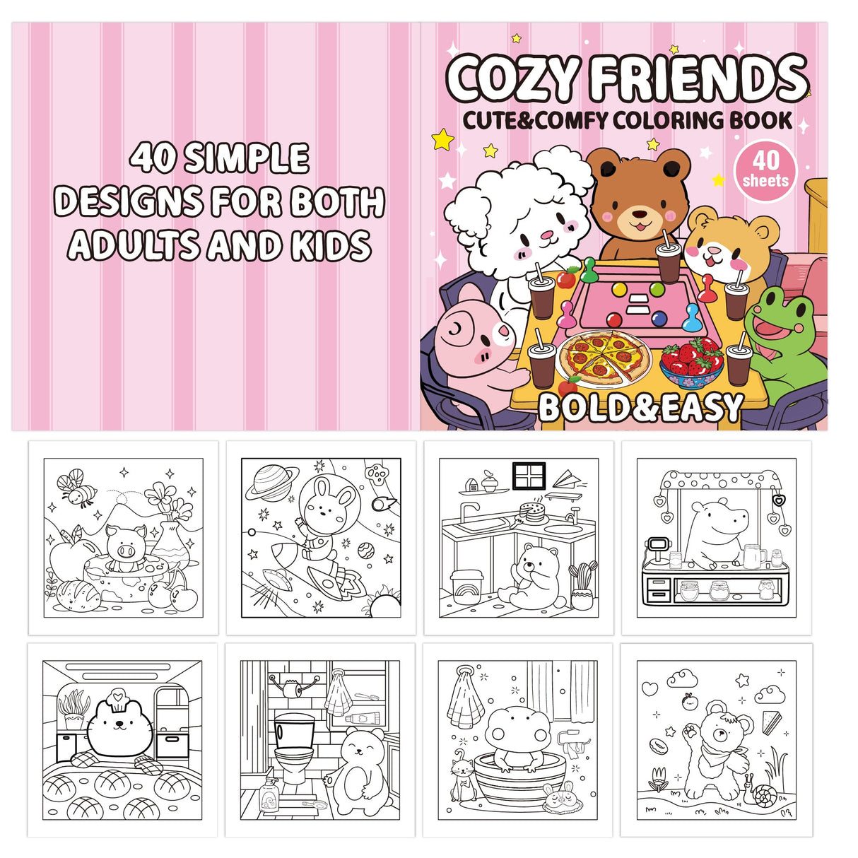 Cozy Friends: Coloring Book for Adults and Teens Featuring Super Cute Animal Characters with Easy and Simple Big Designs for Relaxation (Thick Lined Bold & Easy Coloring) Tesitehi