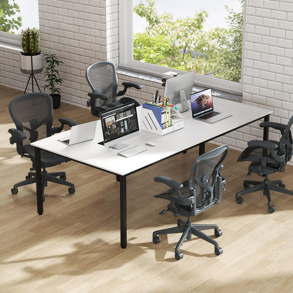 GOFLAME 8 FT Conference Room Table, Large Meeting Desk Seats up to 10 People, 2 Cable Grommets, Rectangle Seminar, Business Table, Training for Office, Boardroom, White + Black GOFLAME