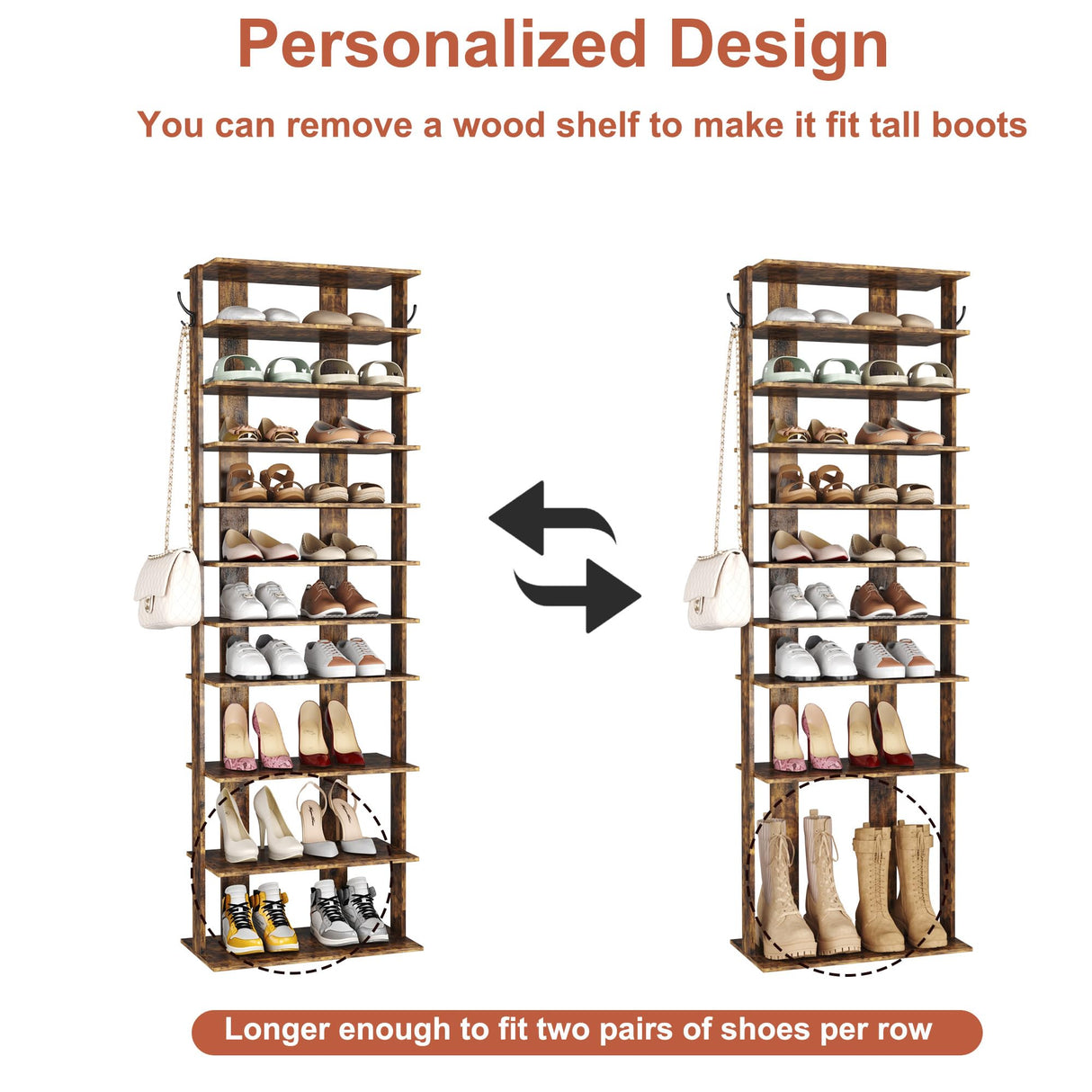 HOMEFORT 10-Tier Vertical Shoe Rack, Corner Shoe Tower, Double Rows 10 Tiers Shoe Shelf, Slim Shoe Storage Unit for 20 Pairs of Shoes, Shoe Stand for Entryway, Hallway, Closet (Rustic Brown) HOMEFORT