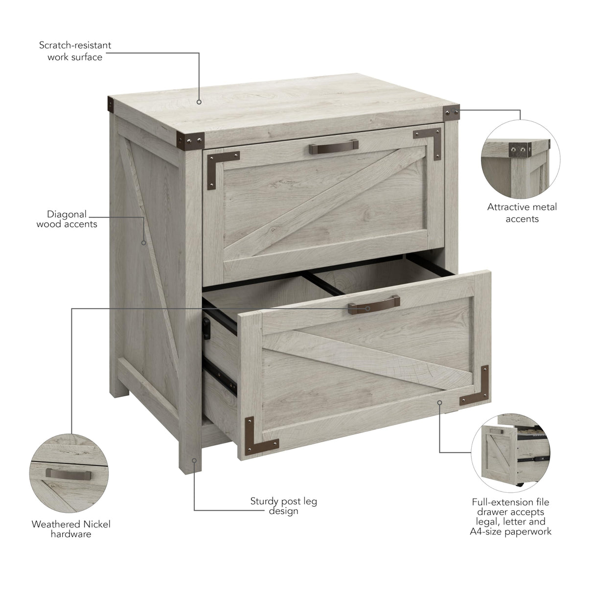 kathy ireland Home by Bush 2-Drawer Lateral File Cabinet, Letter/Legal, Cottage White, 29-Inch (CGF129CWH-03) Bush Business Furniture