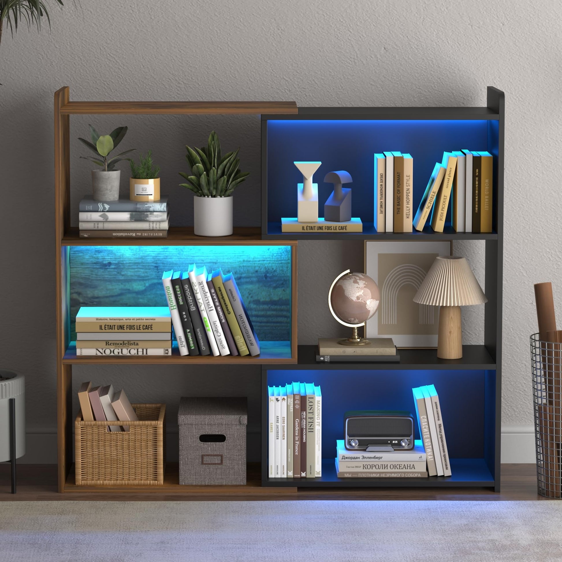 NAIYUFA 4-Tier L-Shaped Corner Bookshelf with LED Lighting - Versatile Storage Solution for Home & Office - WoodArtSupply