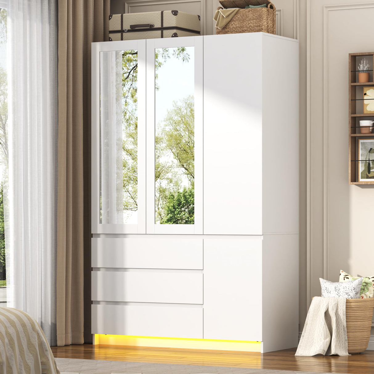 jiteentarou 3 Doors Armoire Wardrobe Closet with 3 Drawers & Mirror, Modern Wooden Bedroom Armoires with Hanging Rod Led Lights for Bedroom, White jiteentarou
