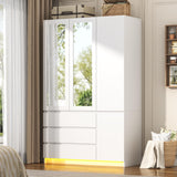 jiteentarou 3 Doors Armoire Wardrobe Closet with 3 Drawers & Mirror, Modern Wooden Bedroom Armoires with Hanging Rod Led Lights for Bedroom, White jiteentarou