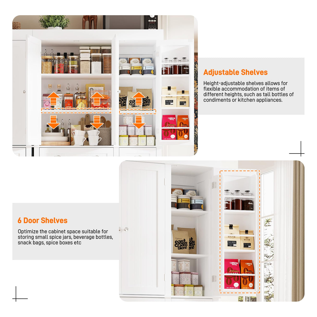 71" Tall Kitchen Cabinet Pantry Storage,Modern Kitchen Hutch Cabinet with Doors and Adjustable Shelves,Large Freestanding Food Pantry with 2 Drawer for Dining Room, Living Room, Hallway,White chartustriable