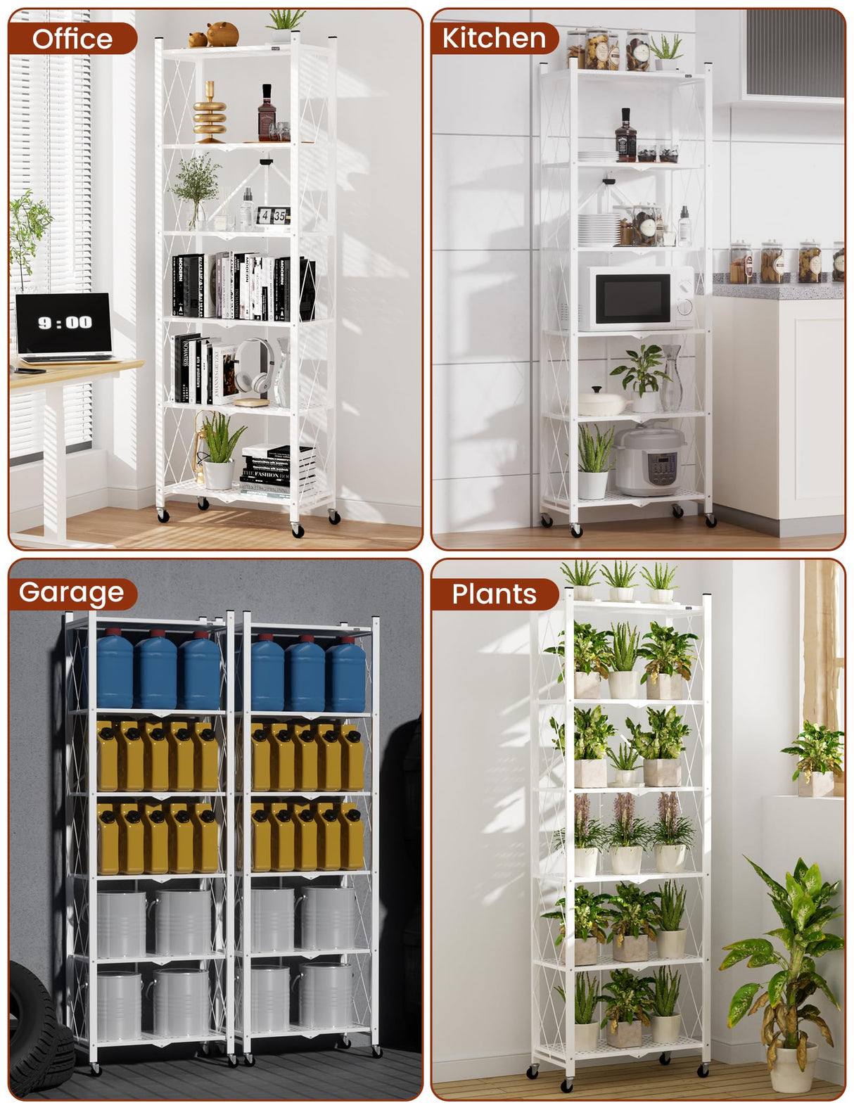 ALANNG 73.6 Inch Folding Bookshelf, 6 Tier Metal Bookcase and Bookshelves, Tall Shelves for Living Room Office Bedroom, Heavy Duty Book Shelve Free Standing Open (White, 1PACK) ALANNG