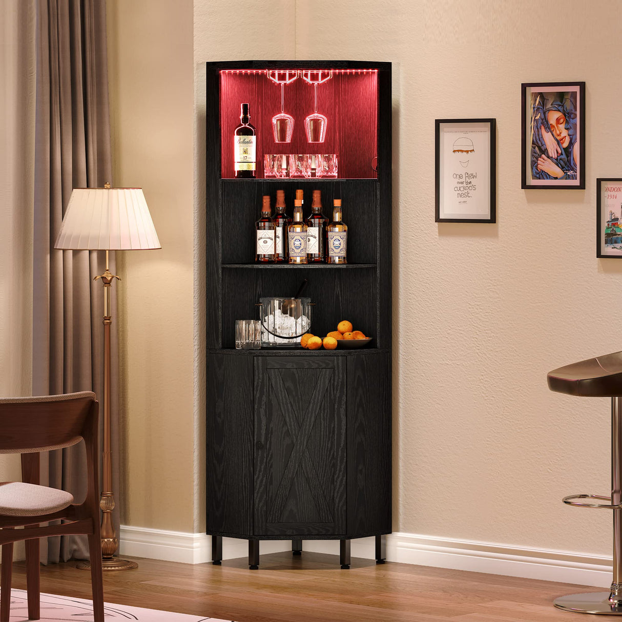 YITAHOME Black Corner Bar Cabinet with LED Lighting, Glass Holder & 5-Tier Storage Shelves YITAHOME