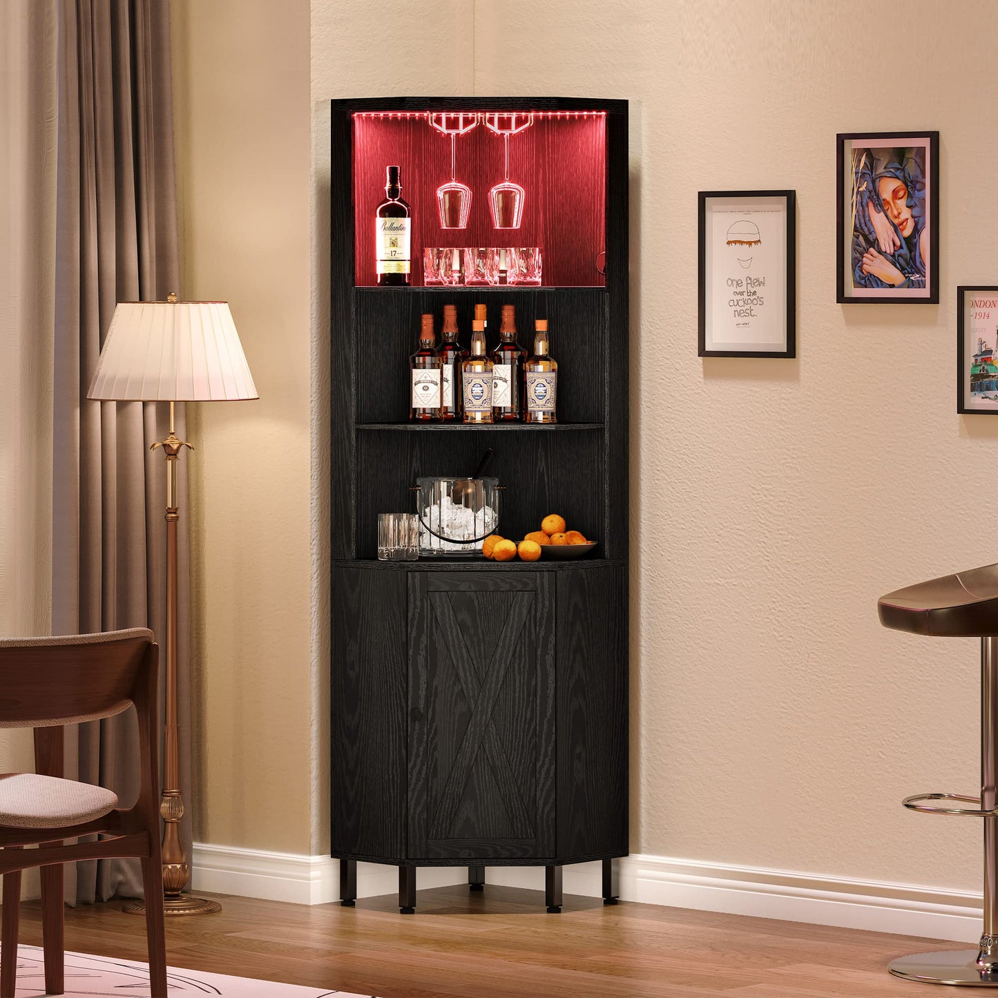 YITAHOME Black Corner Bar Cabinet with LED Lighting, Glass Holder & 5-Tier Storage Shelves - WoodArtSupply