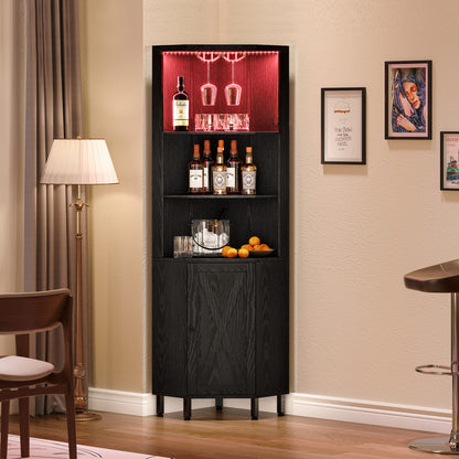 YITAHOME Black Corner Bar Cabinet with LED Lighting, Glass Holder & 5-Tier Storage Shelves - WoodArtSupply