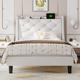 Feonase Velvet Twin Bed Frames with Luxury Wingback and Fast Charging Station,Twin Size Upholstered Button Tufted Storage Headboard Platform Bed,Wooden Slats Support,Noise-Free,Easy Assembly,White Feonase