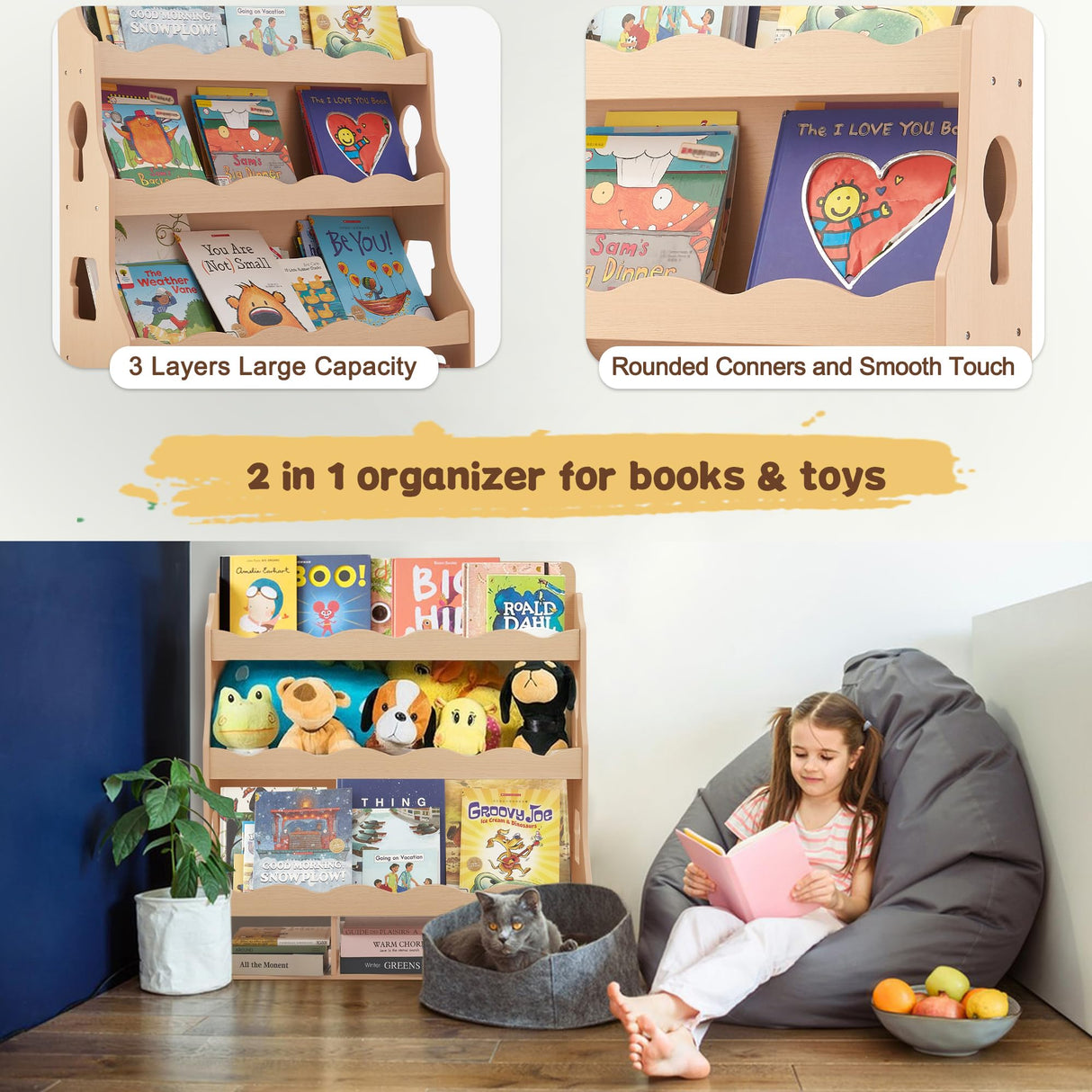 Himold Wooden Kids Bookshelf, Book Shelf for Kids Rooms w/Scalloped Edges, Durable Childrens Bookshelf with 3 Cube Bins for Books & Toys - Toddler Montessori Bookcase Nursery Himold