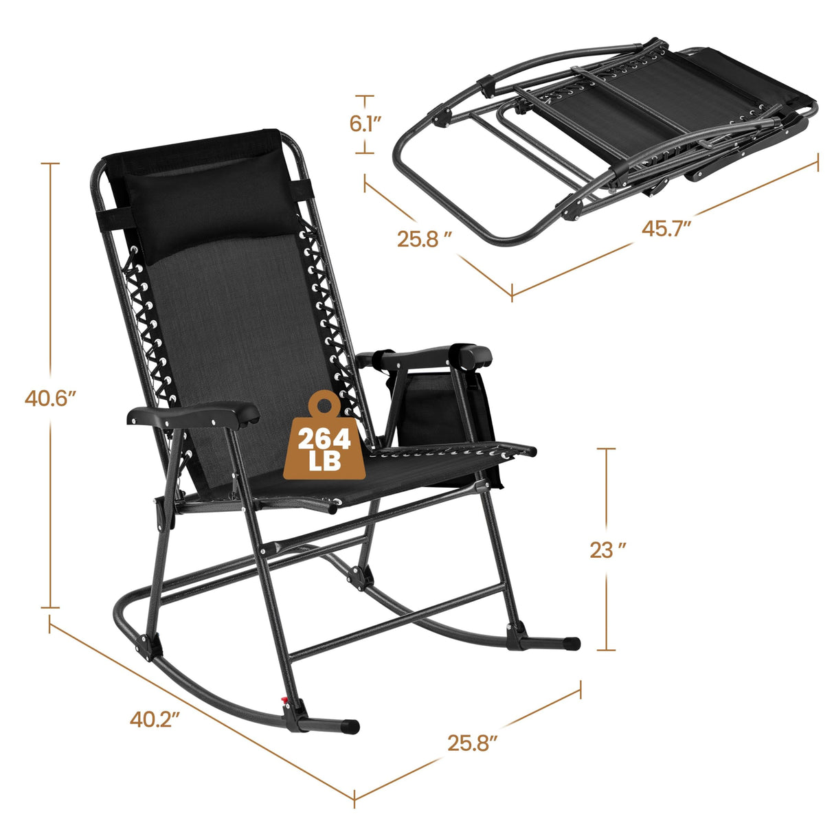 Yaheetech 26in Rocking Chair Outdoor Zero Gravity Folding Chairs Rocking Chairs Foldable Outdoor Reclining Lounge Chair for Outside Lawn with Cupholder/Pillow Ergonomic Design for Rest, Black Yaheetech
