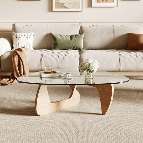 Miloyer Modern Coffee Table for Living Room and Small Spaces, 43.3" x 29.5" x 15.8" Triangle Tempered Glass Table Top and Eco-Friendly MDF Base, Natural Wood Miloyer