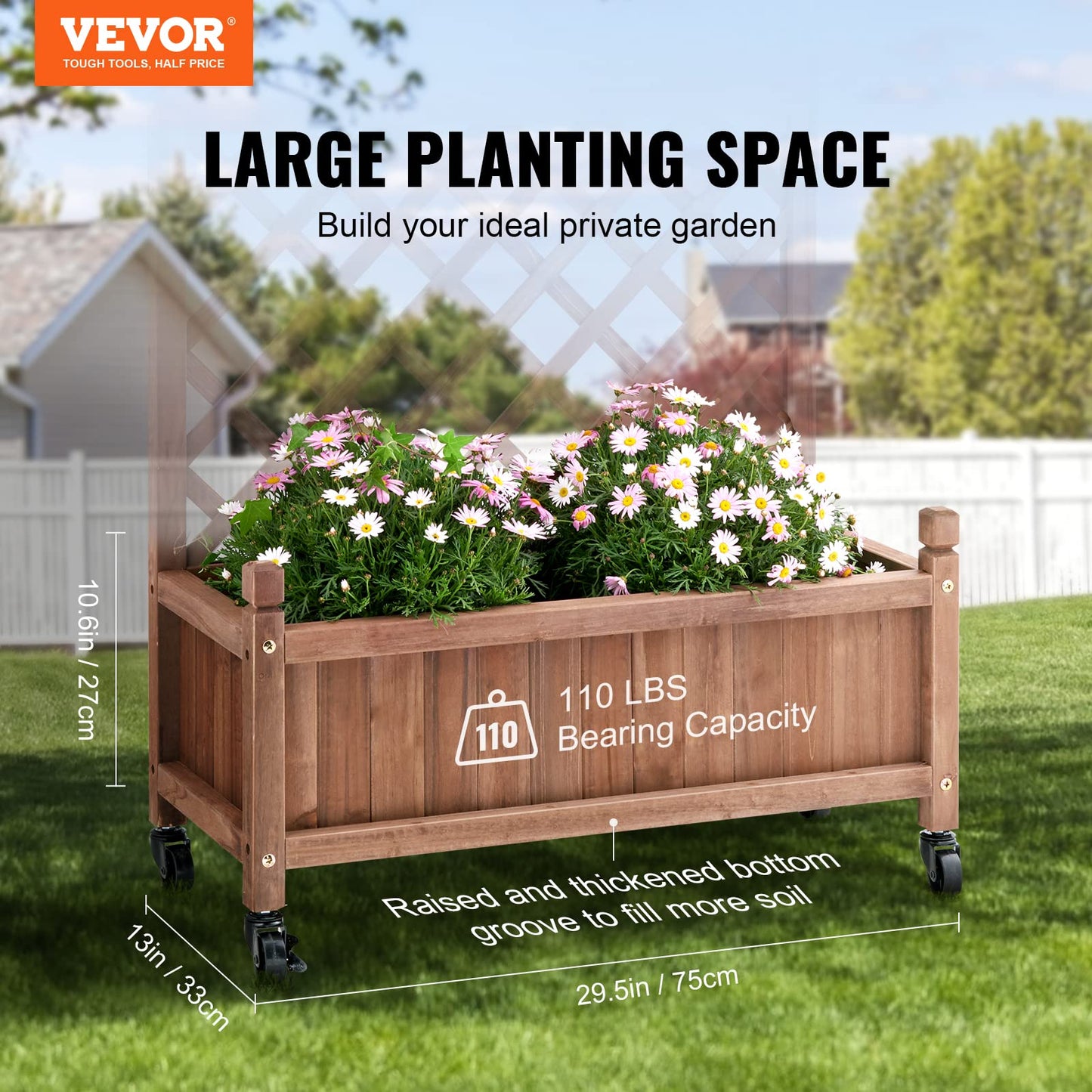 VEVOR 2PCS Wood Planter with Trellis, 60"x13"x61.4" Outdoor Raised Garden Bed with Drainage Holes, Free-Standing Trellis Planter Box for Vine Climbing Plants Flowers in Garden, Patio, Balcony