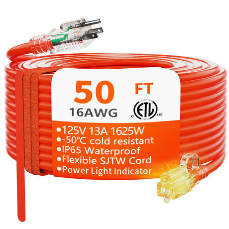 HUANCHAIN 50 ft 16/3 Gauge Outdoor Extension Cord Waterproof with Lighted, Flexible Cold Weather 3 Prong Power Cord Outside, 13A 1625W 125V 16AWG SJTW, Orange, ETL Listed huanchain