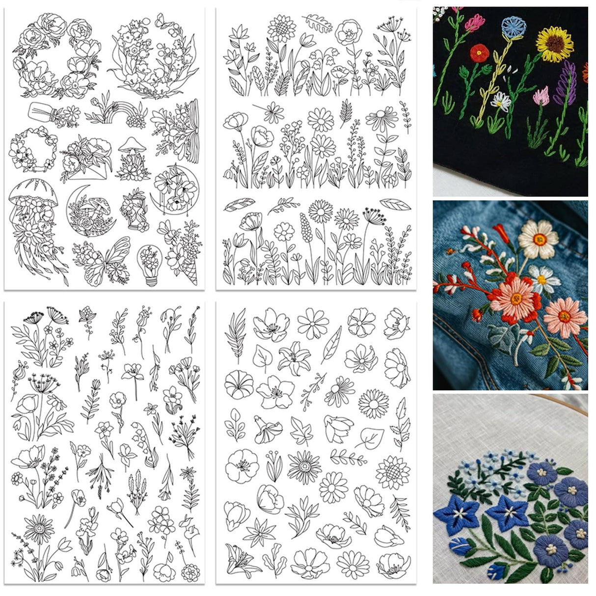 ORIGACH 4 Sheets 105 Pcs Water Soluble Embroidery Patterns Stabilizers - Pre-Printed Floral, Flowering Shrubs & Leaves Designs - Stick & Stitch Embroidery Paper for Hand Sewing Lovers ORIGACH