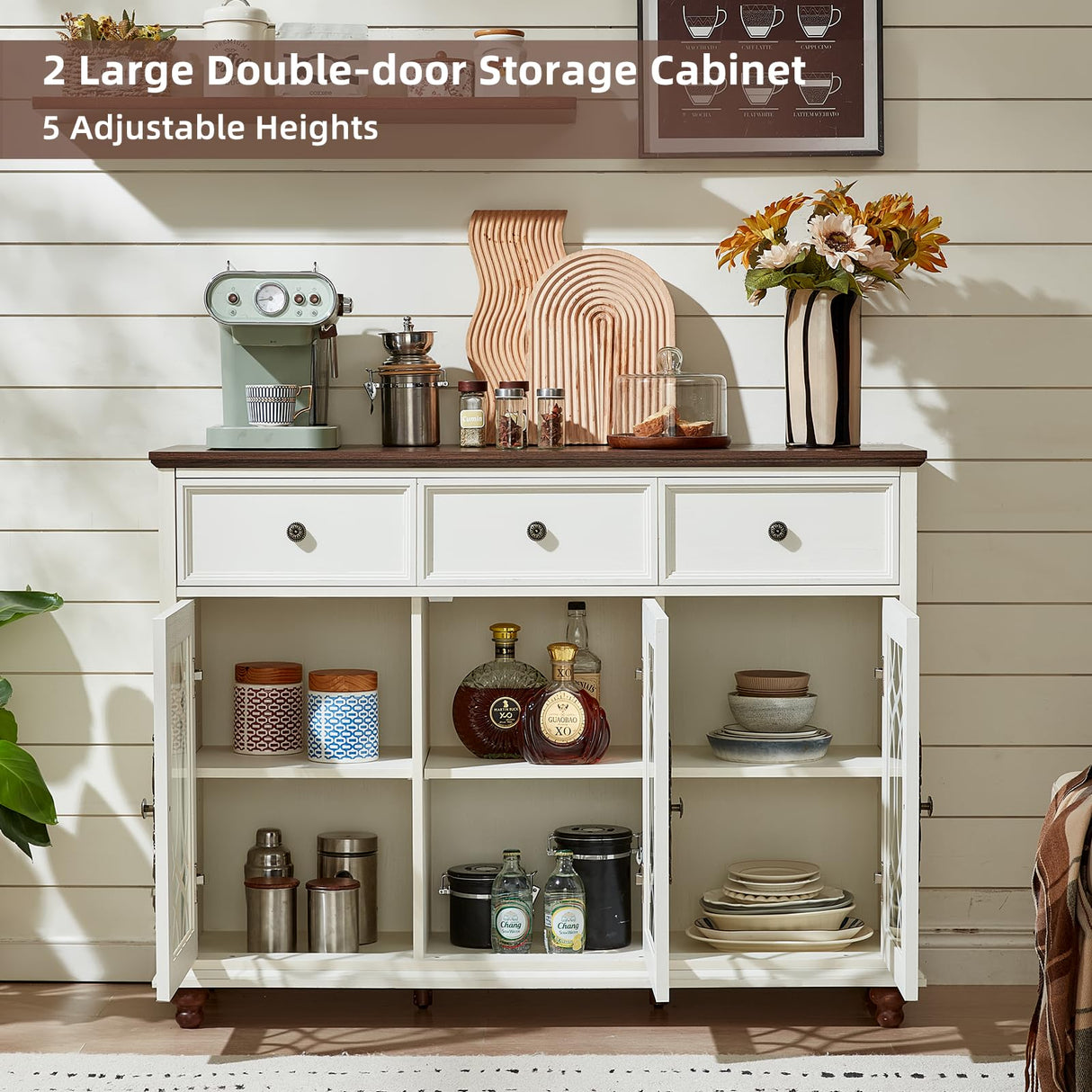 Joaxswe Farmhouse Sideboard Buffet Cabinet with Storage,48" Large Credenza with 3 Glass Doors & 3 Drawers,Adjustable Shelves Console Table,Wood Kitchen Coffee Bar for Dining Room,Living Room,White Joaxswe