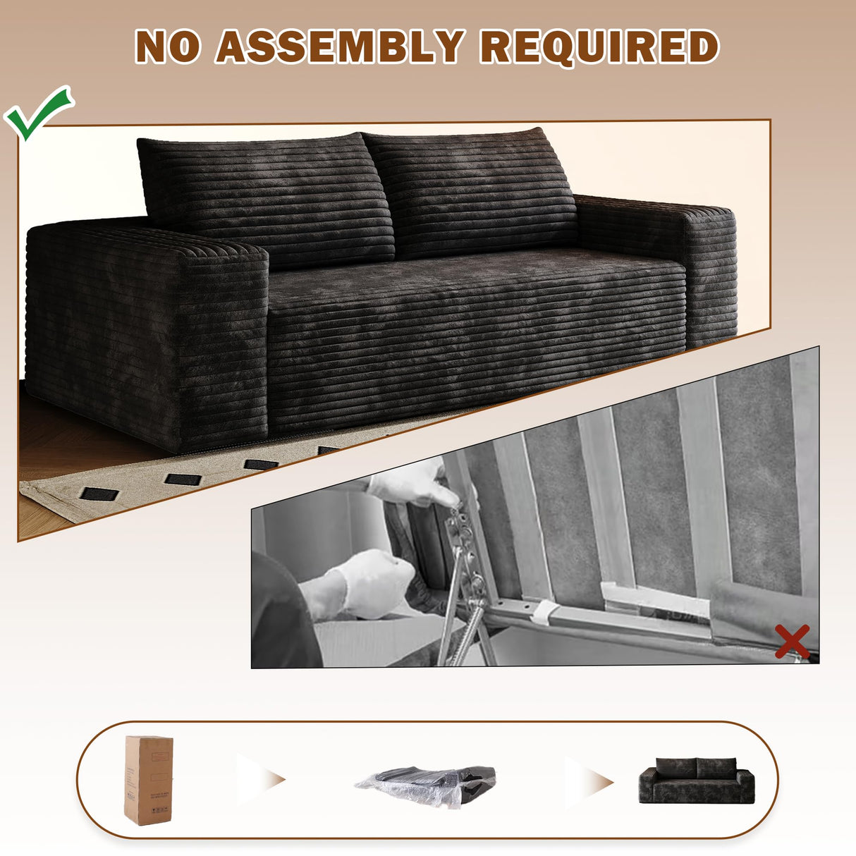 63" Cloud Loveseat Sofa in a Box for Living Room, Corduroy 2-Seater Boneless Couch 2 Throw Pillows, Modern Sponge Double Sofas with Deep Seat for Small Spaces, No Assembly Required (Black, 63 inch) KavlSean