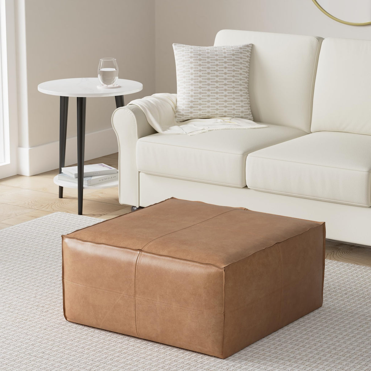 SIMPLIHOME Brody 30-inch Wide Large Square Coffee Table Pouf in Distressed Brown, Vegan Faux Leather Ottoman, Footrest, or Extra Seating for Living Room, Assembled SIMPLIHOME