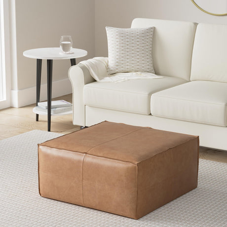 SIMPLIHOME Brody 30-inch Wide Large Square Coffee Table Pouf in Distressed Brown, Vegan Faux Leather Ottoman, Footrest, or Extra Seating for Living Room, Assembled SIMPLIHOME