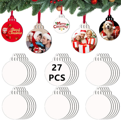 27 PCS Sublimation Christmas Ornaments Blanks MDF Bulk Double Sided Heat Transfer Sublimation Memorial Christmas Ornament Sublimation Blanks Products (Unfinished Round)