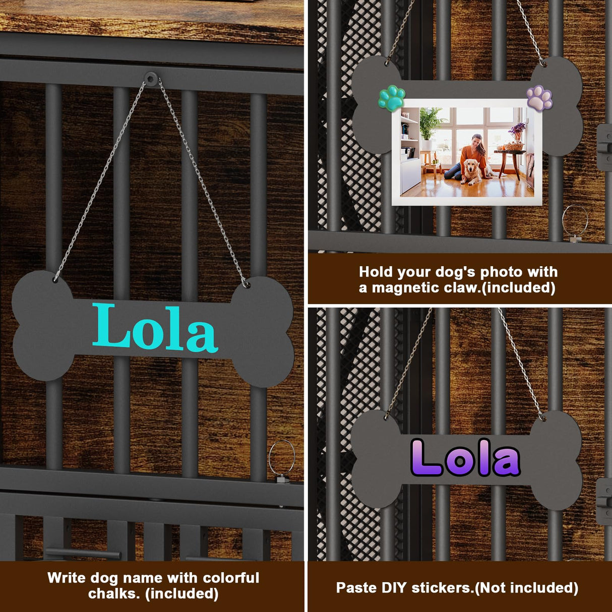 Easycom Dog Crate Furniture, 31.5" Assembly-Free Dog Crates for Small & Medium Dogs, Foldable Dog Kennel Indoor with Tag & Adjustable Dog Bowls, Wooden Dog Cage Use as End Table, Rustic Brown EasyCom