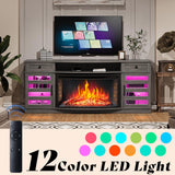 AMERLIFE 70" Curved Fireplace TV Stands with 36'' Electric Fireplace, Farmhouse LED Entertainment Center for TVs up to 80'' with Glass Door & Adjustable Shelves, Wash Gray AMERLIFE