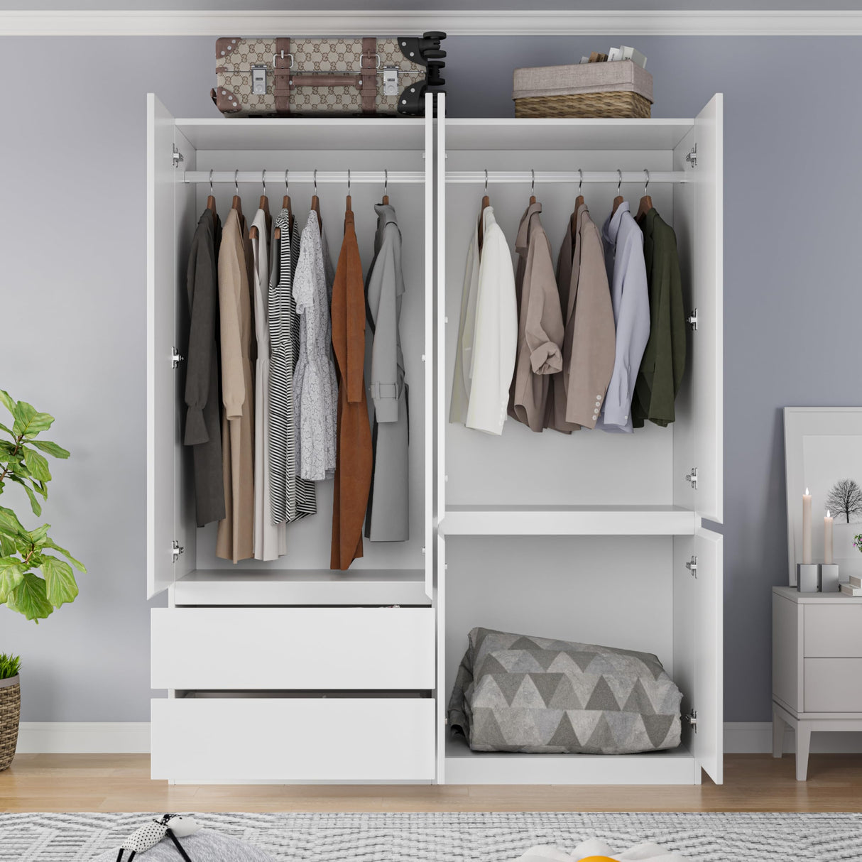 Mekminop Armoire Wardrobe Closet with Doors and Drawers, 4 Door 2 Drawers White Bedroom Armoires Wooden Wardrobe Storage Cabinet 20.39" D x 63" W x 78.74" H Mekminop