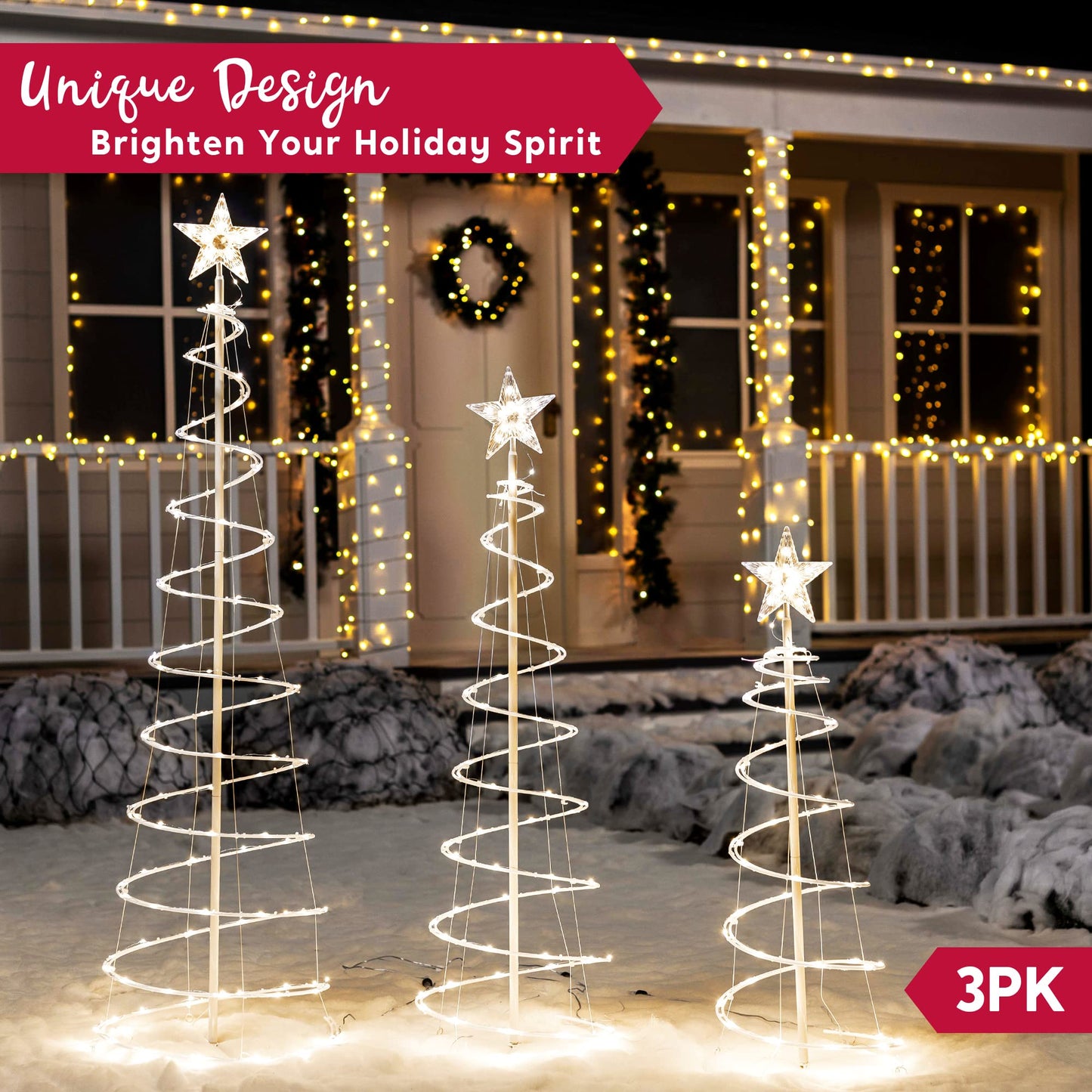 JOIEDOMI 3 Packs Spiral Tree Christmas Decoration Outdoor, 218 LED Xmas Tree Lighted Hoilday Display Decorative Yard Lights with Stakes for Outside Lawn Garden, Christmas Eve Night Décor, Warm White