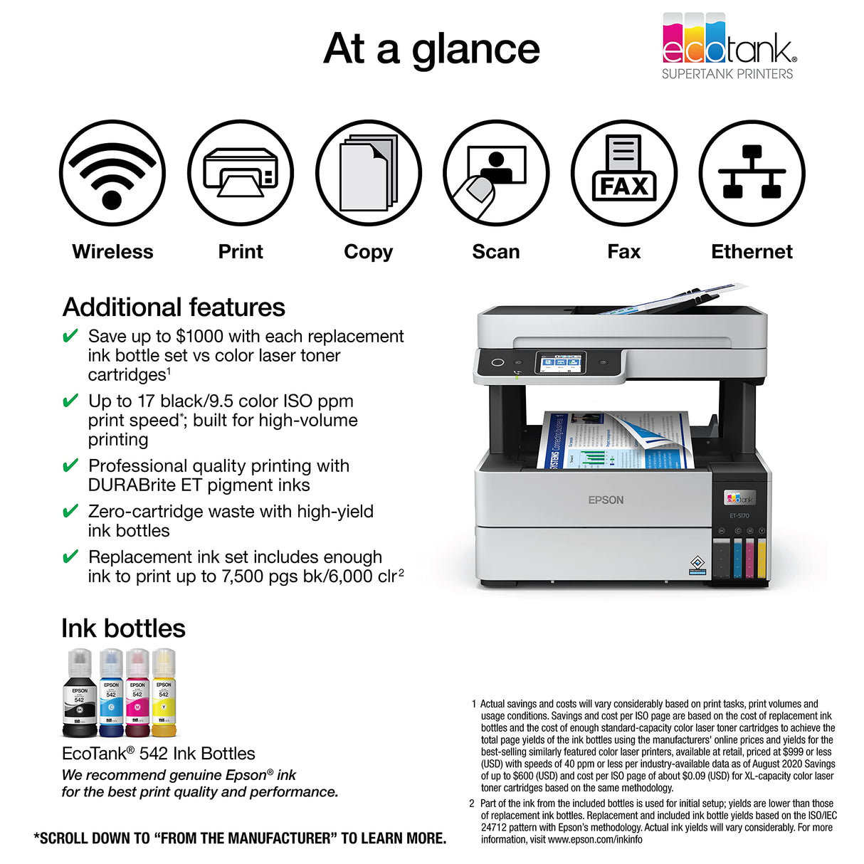 Epson EcoTank Pro ET-5170 Wireless Color All-in-One Supertank Printer with Scanner, Copier, Fax Plus Auto Document Feeder White Large Epson