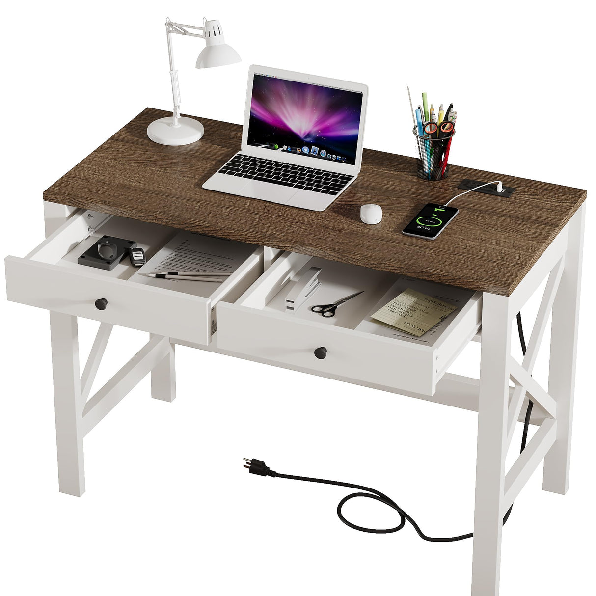 ChooChoo Farmhouse Desk with USB Charging Ports and Power Outlets, 39" Computer Desk with Drawers, Small Study Writing Table with Stable X Frame for Home Office ChooChoo